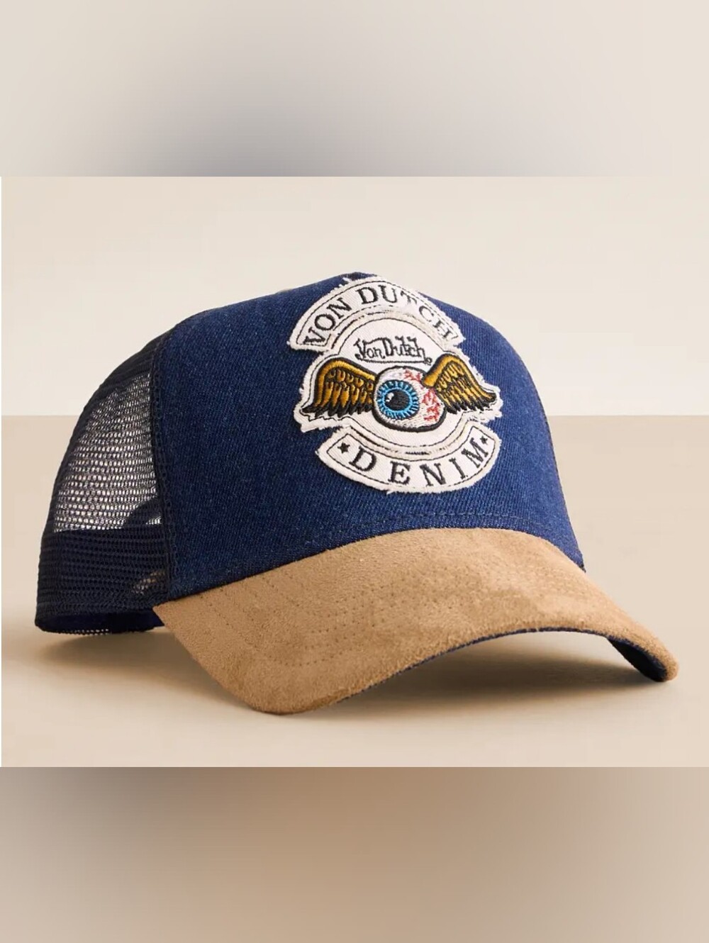 Von Dutch “Highway Denim Trucker Hat Mesh Back Adjustable Blue Beige USA